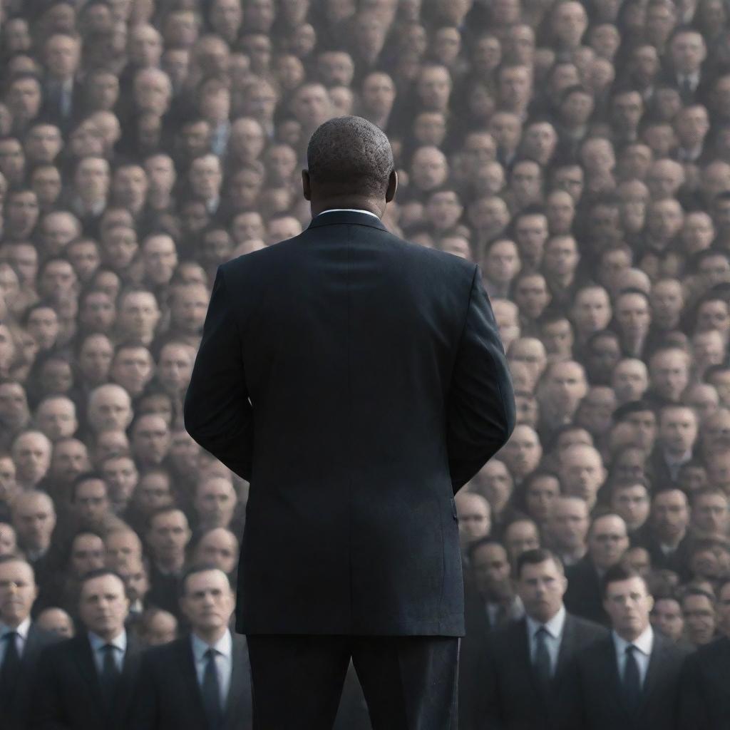 A powerful image of a solemn leader standing in front of a diverse crowd, symbolizing trust and responsibility, with a backdrop hinting at the torment of imposition.