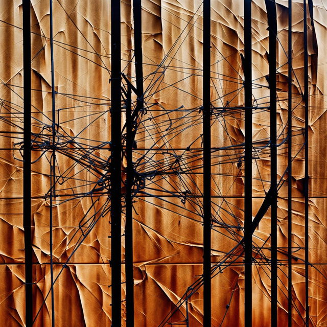 Create an abstract image with a vintage crinkled and torn brown background, featuring weathered steel poles and tangled wire in an intricate and chaotic pattern, evoking a sense of history and industrial complexity