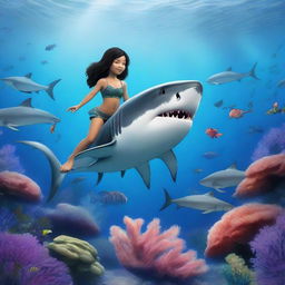 A realistic image of a great white shark at the bottom of the sea along with a mermaid boy with blue tails and black hair