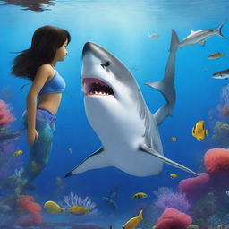 A realistic image of a great white shark at the bottom of the sea along with a mermaid boy with blue tails and black hair