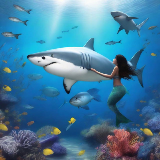 A realistic image of a great white shark at the bottom of the sea along with a mermaid boy with blue tails and black hair