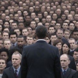 A powerful image of a solemn leader standing in front of a diverse crowd, symbolizing trust and responsibility, with a backdrop hinting at the torment of imposition.