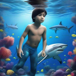 A realistic image of a great white shark at the bottom of the sea along with a mermaid boy with blue tails and black hair