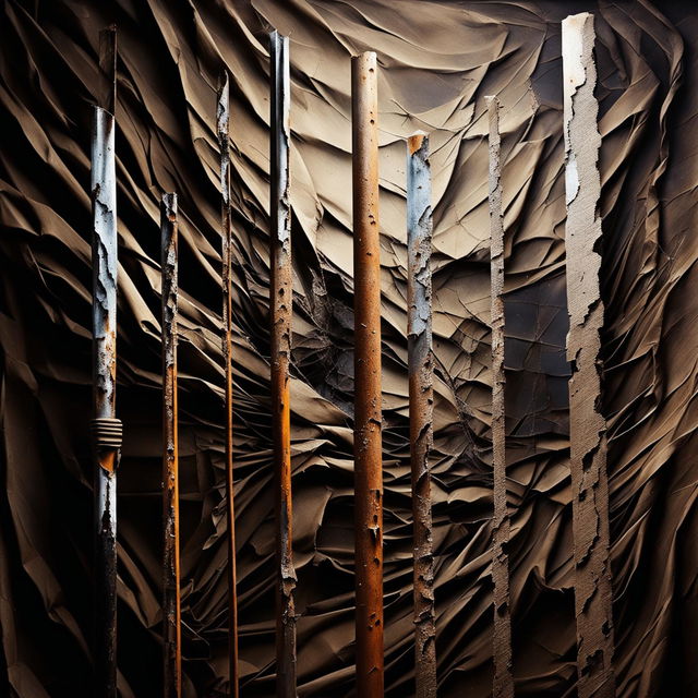 Create an abstract image with a vintage, crinkled, and torn dark brown background, featuring rusted steel poles emerging in a chaotic, surreal manner, evoking a sense of antiquity and decay