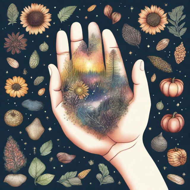 A magical hand holding various types of seeds