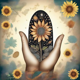 A magical hand holding various types of seeds