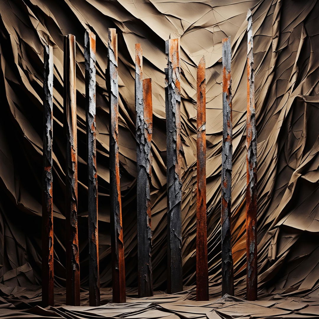 Create an abstract image with a vintage, crinkled, and torn dark brown background, featuring rusted steel poles emerging in a chaotic, surreal manner, evoking a sense of antiquity and decay