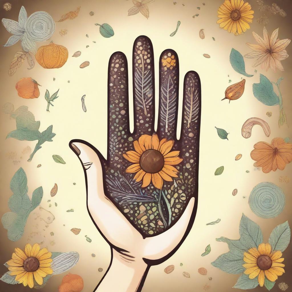 A magical hand with five fingers holding various types of seeds