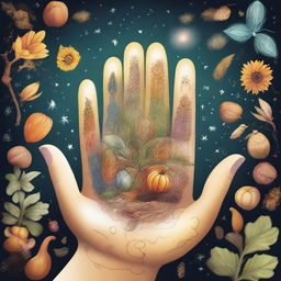 A magical hand with five fingers holding various types of seeds