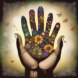 A magical hand with five fingers holding various types of seeds