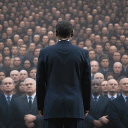 A powerful image of a solemn leader standing in front of a diverse crowd, symbolizing trust and responsibility, with a backdrop hinting at the torment of imposition.