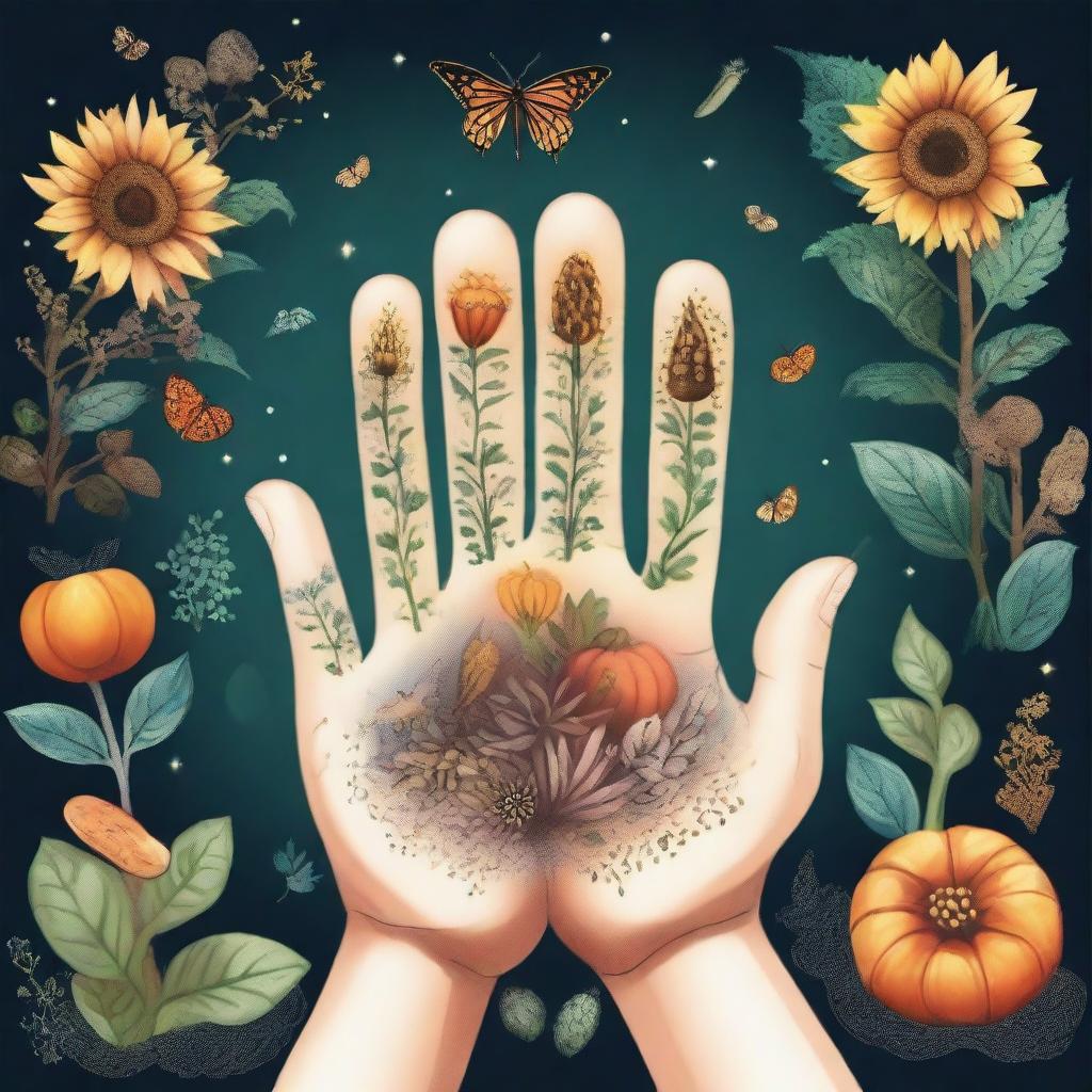 A magical hand with five fingers holding various types of seeds