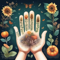 A magical hand with five fingers holding various types of seeds