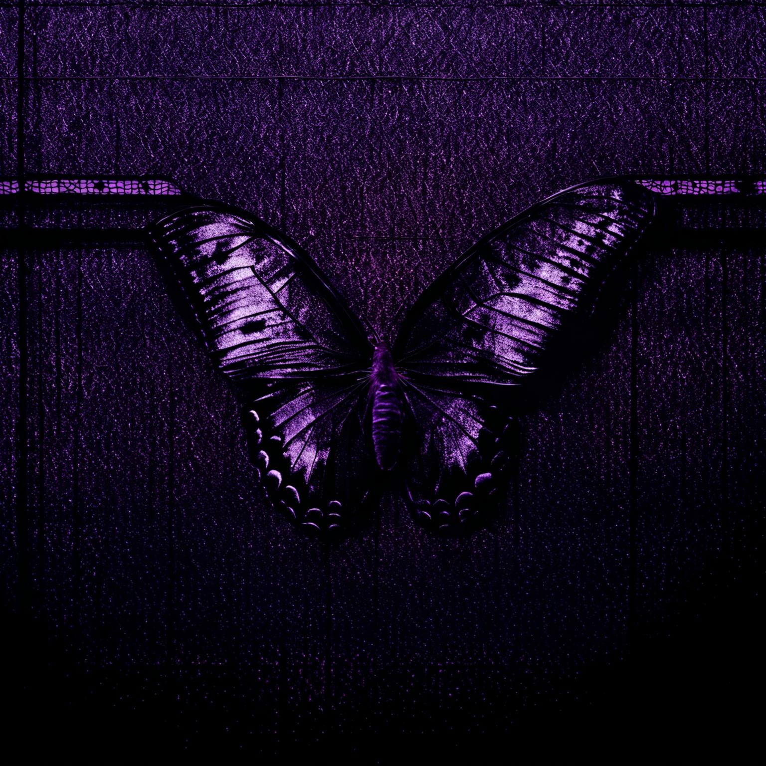 Create an abstract image with a vintage, crinkled, and torn dark brown background, overlaid with mesh wire and featuring a tiny shadowy purple butterfly