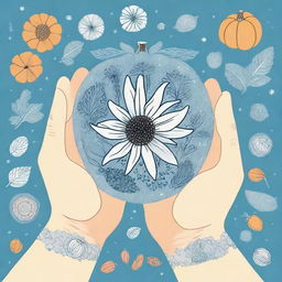 A magical light blue hand holding various types of seeds