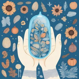 A magical light blue hand holding various types of seeds