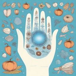 A magical light blue hand holding various types of seeds