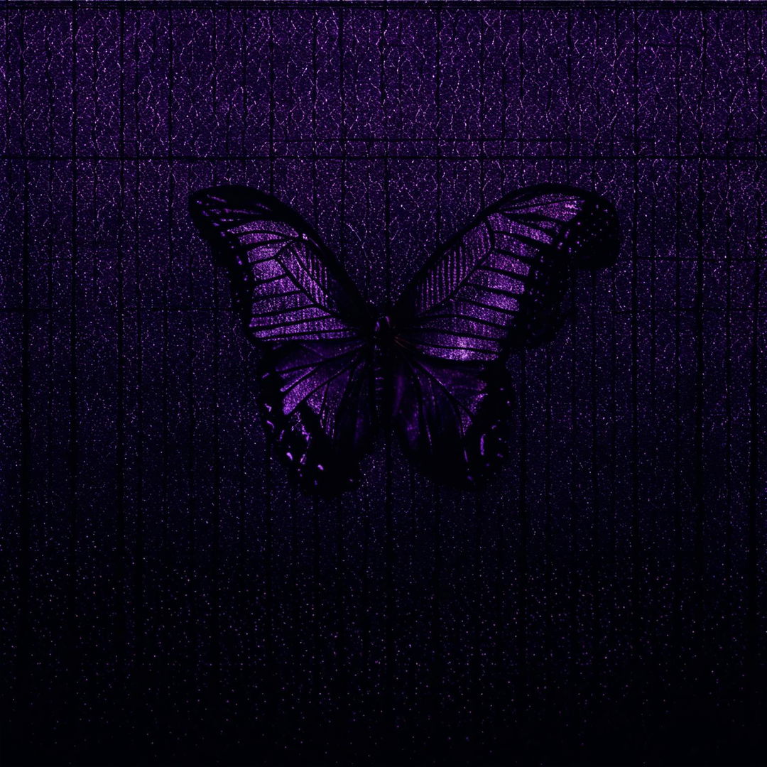 Create an abstract image with a vintage, crinkled, and torn dark brown background, overlaid with mesh wire and featuring a tiny shadowy purple butterfly
