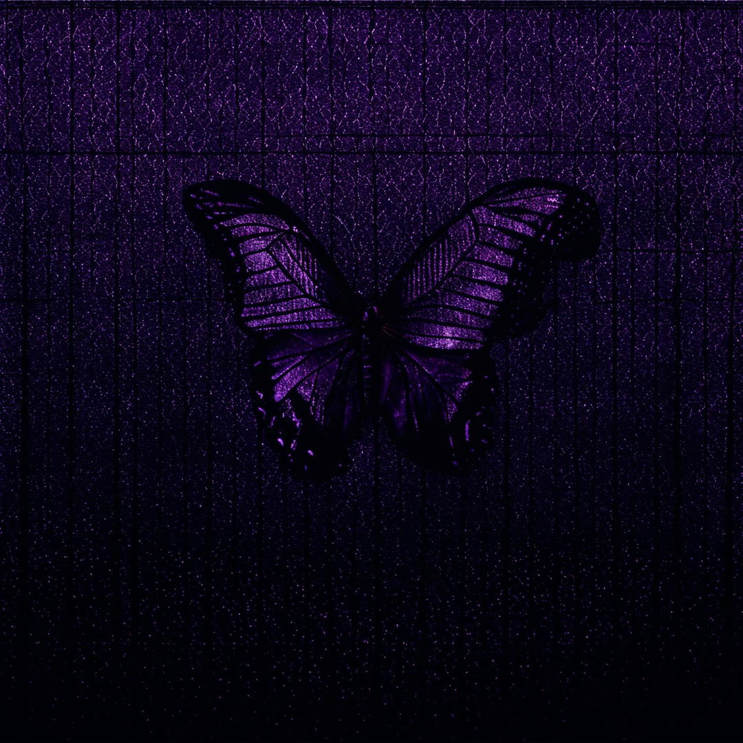 Create an abstract image with a vintage, crinkled, and torn dark brown background, overlaid with mesh wire and featuring a tiny shadowy purple butterfly