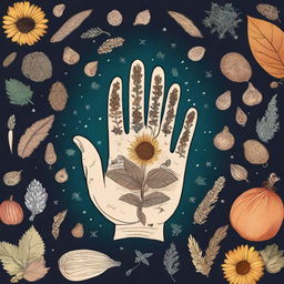 A magical hand of a Druid holding various types of seeds