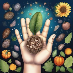 A magical hand of a Druid holding various types of seeds