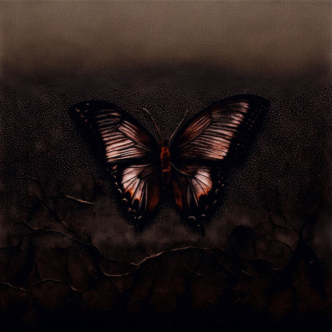 Create an abstract image with a vintage crinkled and torn dark brown background, overlaid with a detailed mesh wire pattern and a caged butterfly to evoke a sense of confinement