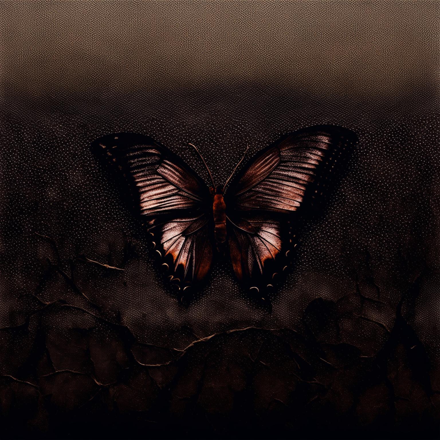 Create an abstract image with a vintage crinkled and torn dark brown background, overlaid with a detailed mesh wire pattern and a caged butterfly to evoke a sense of confinement