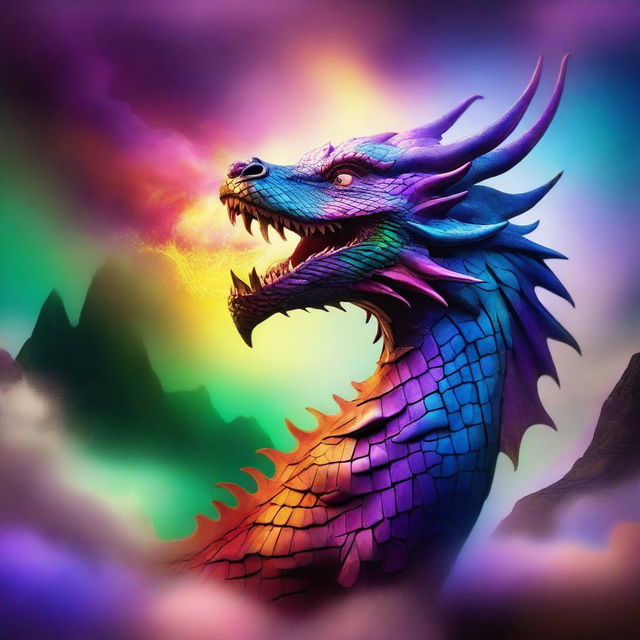 A dragon breathing out magical, multicolored breath from its mouth