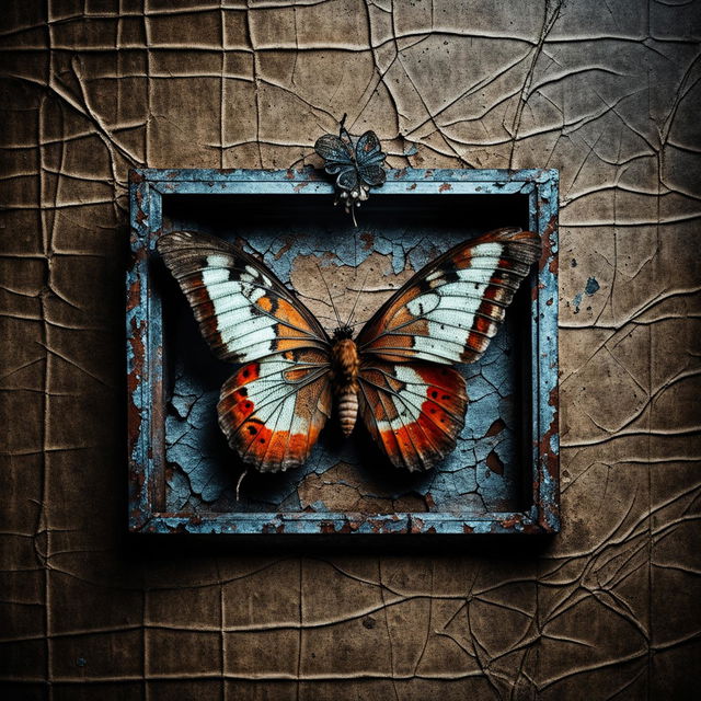 Create an abstract image with a vintage crinkled and torn dark brown background, featuring a vibrant butterfly trapped inside an ornate cage, symbolizing beauty and freedom constrained by time and decay