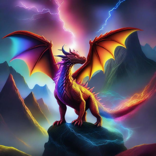 A dragon breathing a magical multicolored beam from its mouth