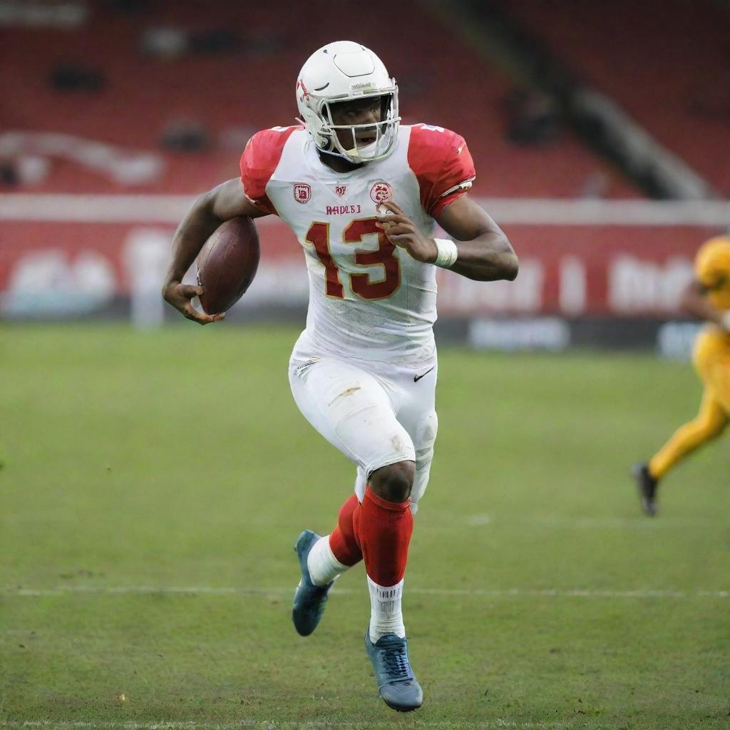 An athletic football player in action, charging down the field, dressed in full kit with the ball under his arm