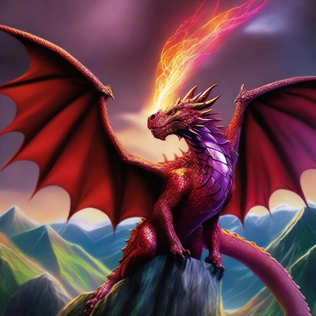 A ruby dragon breathing a magical multicolored beam from its mouth