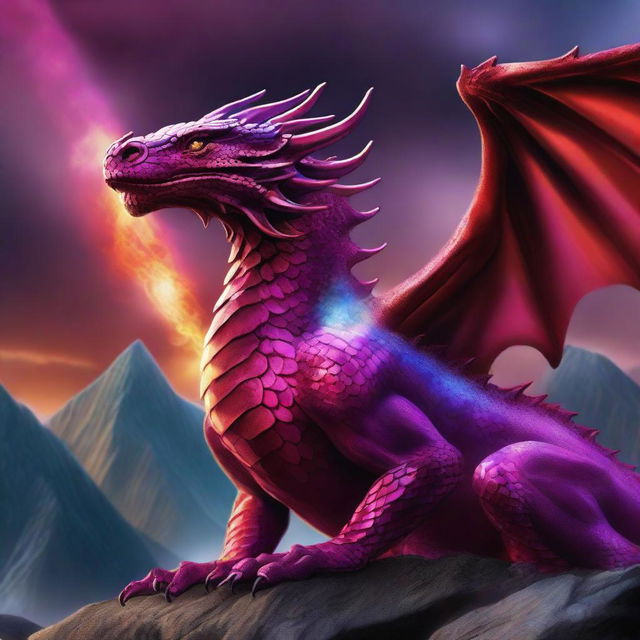 A ruby dragon breathing a magical multicolored beam from its mouth