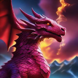 A ruby dragon breathing magical multicolored fire from its mouth