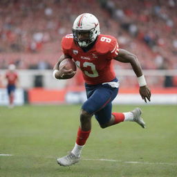 An athletic football player in action, charging down the field, dressed in full kit with the ball under his arm