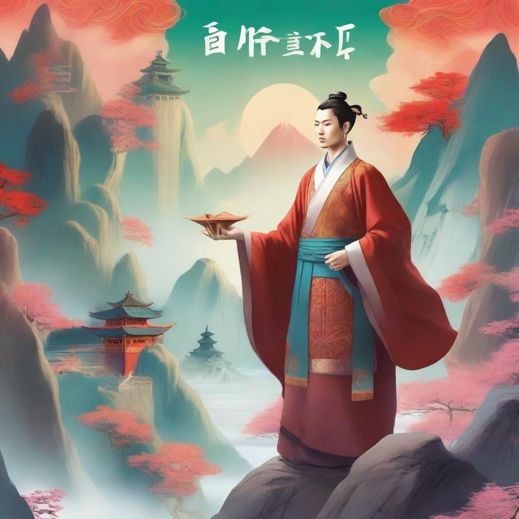 A man dressed in ancient Chinese clothing stands in a cultivation world backdrop, with a determined and wise expression