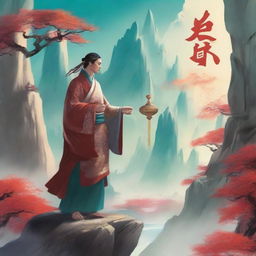 A man dressed in ancient Chinese clothing stands in a cultivation world backdrop, with a determined and wise expression