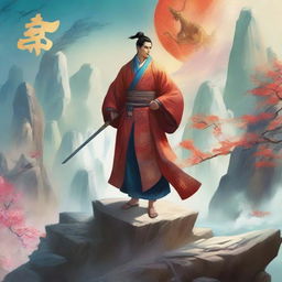 A man dressed in ancient Chinese clothing stands in a cultivation world backdrop, with a determined and wise expression