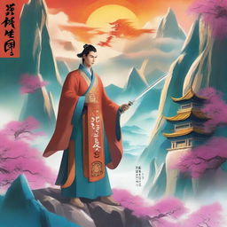 A man dressed in ancient Chinese clothing stands in a cultivation world backdrop, with a determined and wise expression