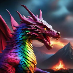 A ruby dragon breathing multicolored fire from its mouth