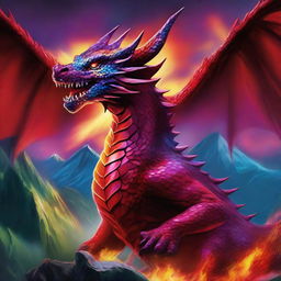 A ruby dragon breathing multicolored fire from its mouth