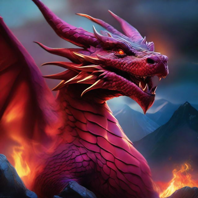 A ruby dragon breathing multicolored fire from its mouth