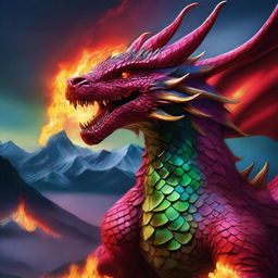 A ruby dragon breathing multicolored fire from its mouth