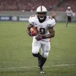 An athletic football player in action, charging down the field, dressed in full kit with the ball under his arm