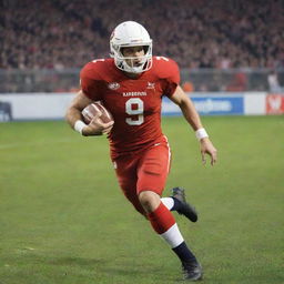 An athletic football player in action, charging down the field, dressed in full kit with the ball under his arm