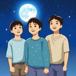 A serene night scene featuring four Asian Filipino boys and one girl under a blue moon with a falling star in the sky