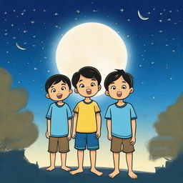 A serene night scene featuring four Asian Filipino boys and one girl under a blue moon with a falling star in the sky