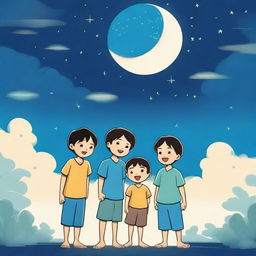 A serene night scene featuring four Asian Filipino boys and one girl under a blue moon with a falling star in the sky