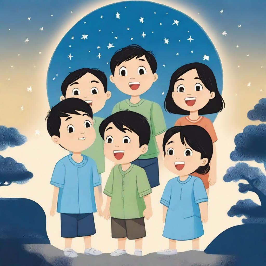 A serene night scene featuring four Asian Filipino boys and one girl under a blue moon with a falling star in the sky