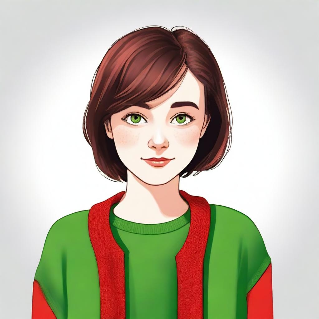 Create an image of a teenage girl with short brown hair and green eyes, wearing a red cardigan